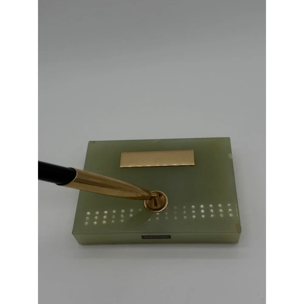 Vintage Sheaffer Desk Set Green Onyx Stone Base Gold Tone Pen Holder with Pen‎